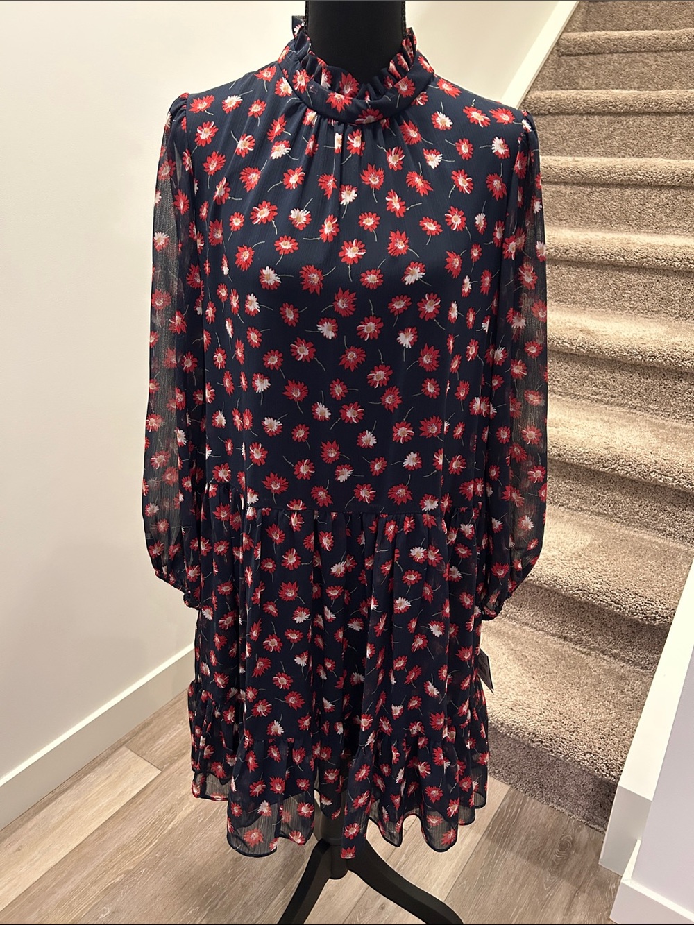 Gabby Skye Floral Navy and Red Long-Sleeve Ruffle Neck Dress Size 12